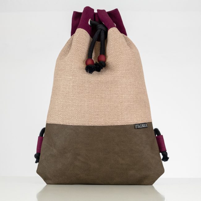 Burdundy w/ Cream Handmade drawstring bag with rope