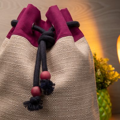 Burdundy w/Cream Handmade drawstring bag with rope