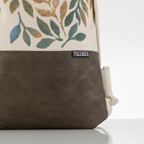 Eco-Leather handmade drawstring bag with leaves print