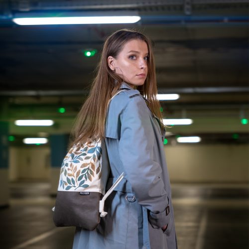 Fashion girl with Polender drawstring bag photo shoot