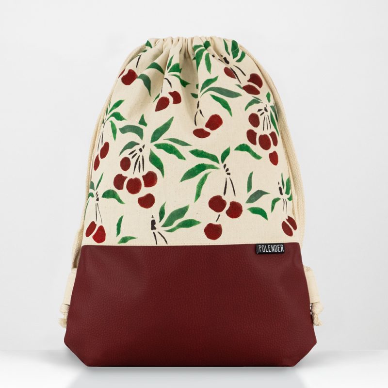 Handmade drawstring bag with cherry print