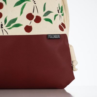 Eco-Leather handmade drawstring bag with cherry print