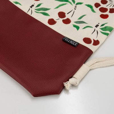 Eco-Leather handmade drawstring bag with cherry print