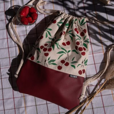 Handmade drawstring bag with Cherry print