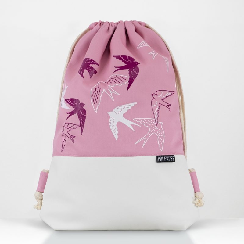 Pink drawstring bag with birds print