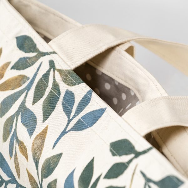 Hand-printed tote bag with autumn leaves