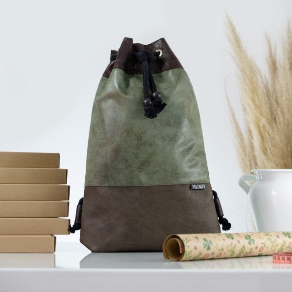 Green and Brown Handmade drawstring bag with rope