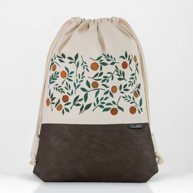 Handmade drawstring bag with orange print