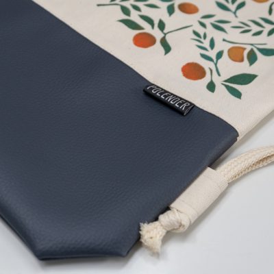 Eco-Leather handmade drawstring bag with orange print