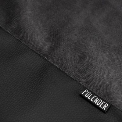 Details of gray and black drawstring bag