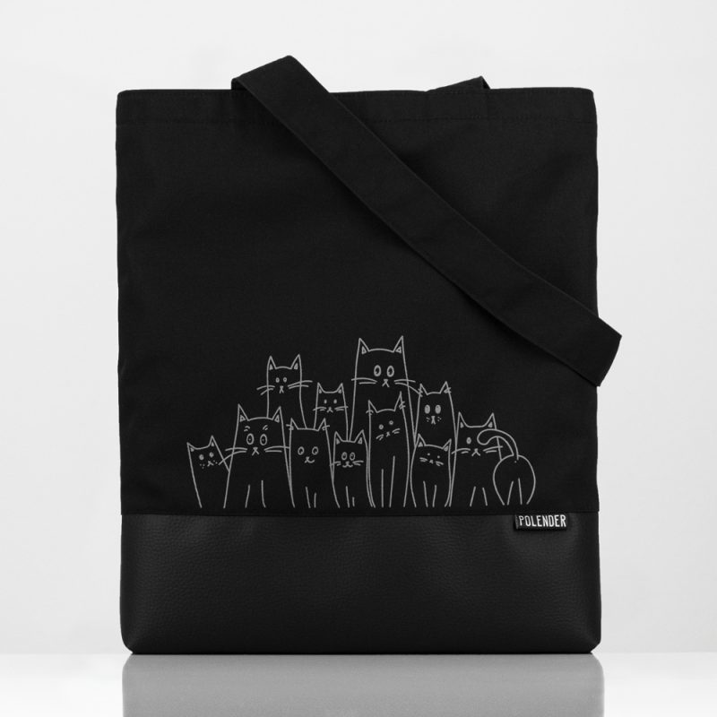 Black tote bag with cats illustration