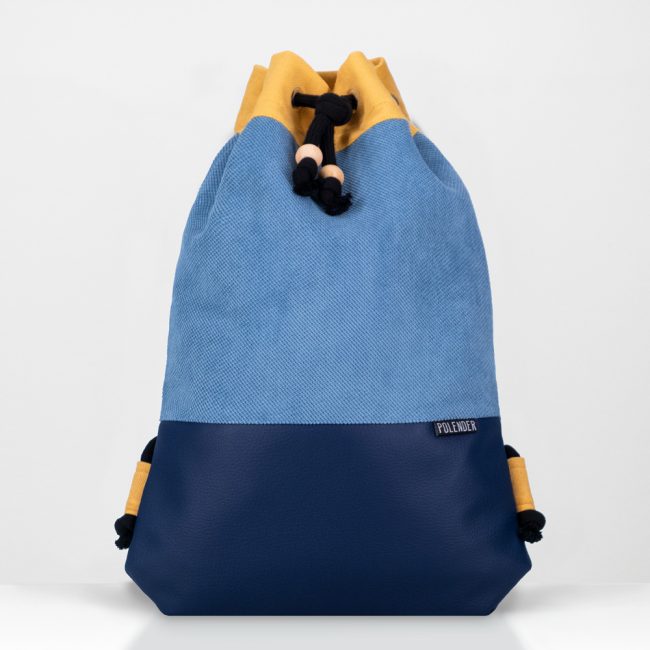 Blue and yellow drawstring bag