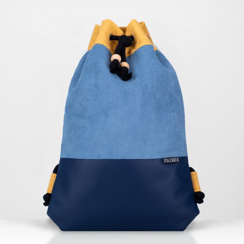 Blue and yellow drawstring bag